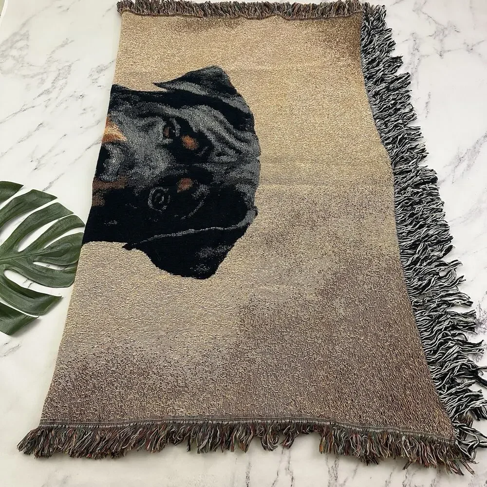 Linda Picken Vintage Y2k Dog Tapestry Throw Blanket Rottweiler Black Brown Woven